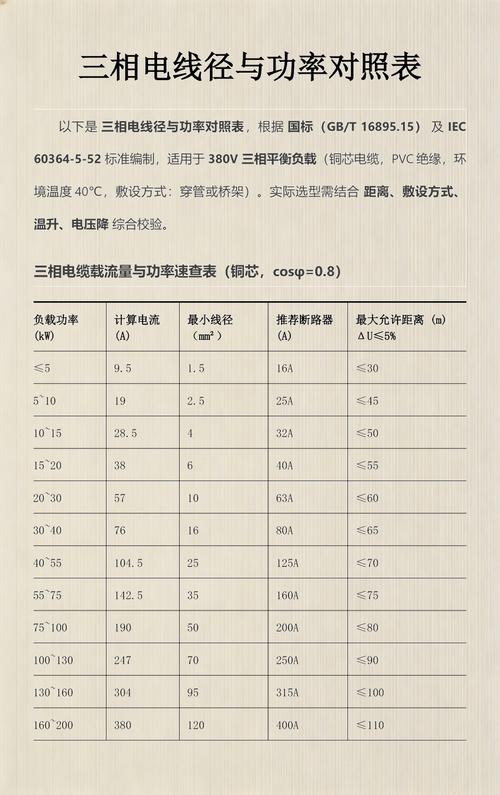 三相电缆功率对照表是多大的